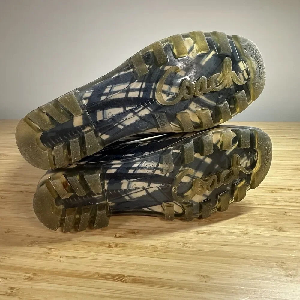 Coach Plaid Women Rain Boots Rubber Tall Size 6 Designer Lined Weather Outdoors